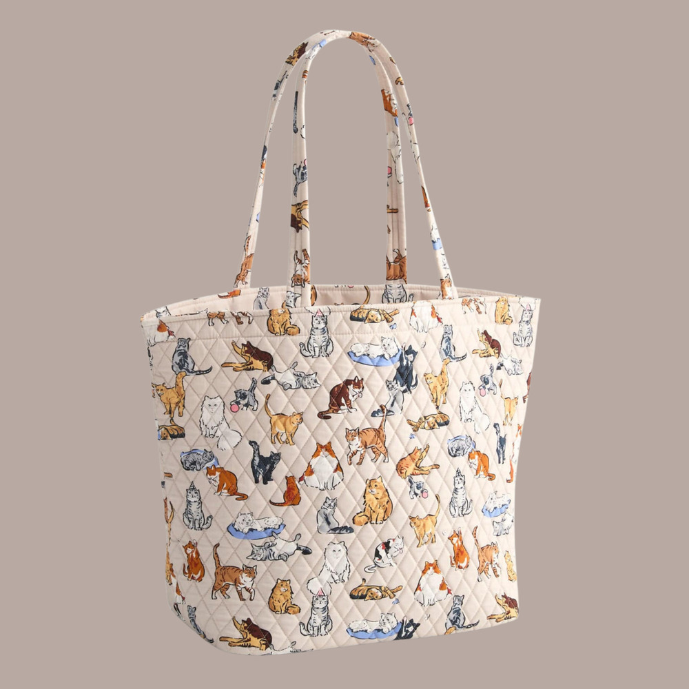 New Vera Bradley A Cats Life Grand Tote Large Quilted Cotton Shoulder Bag Beige